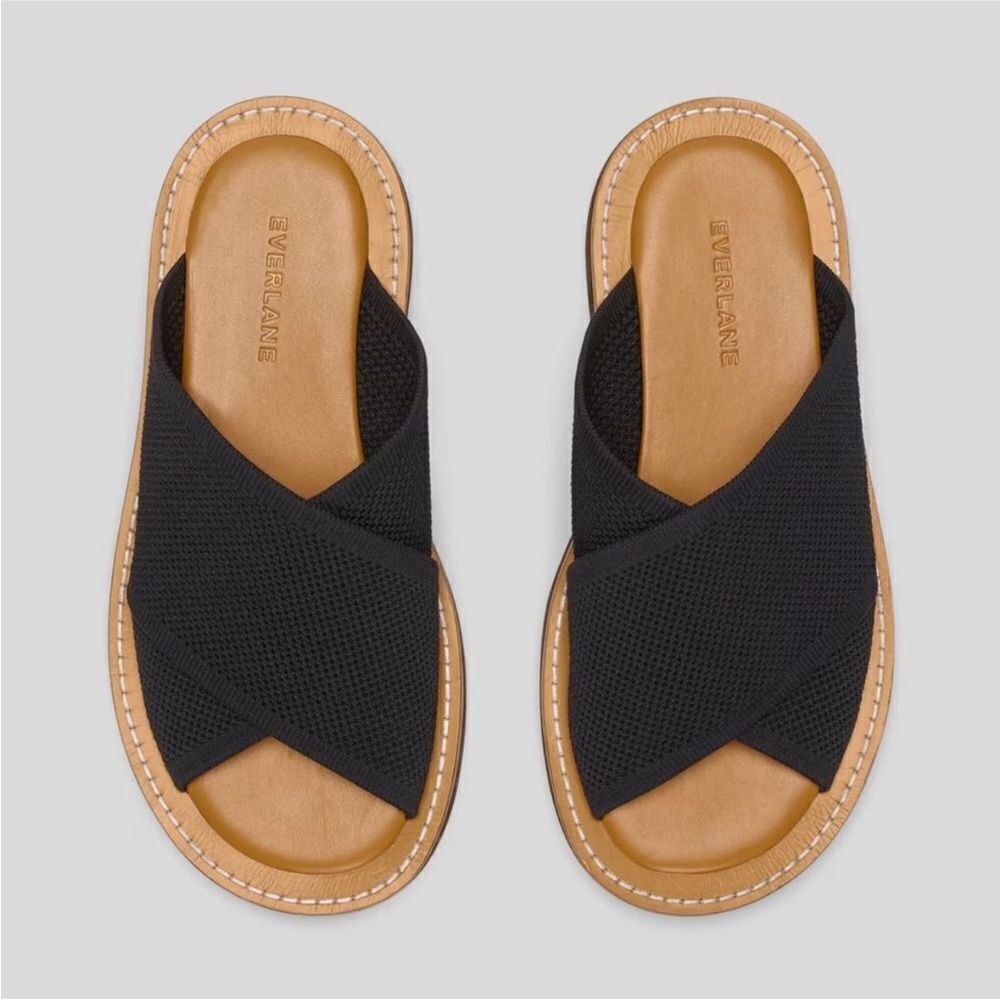 Everlane Black Crisscross Knit Slide Sandals with Tan Footbed